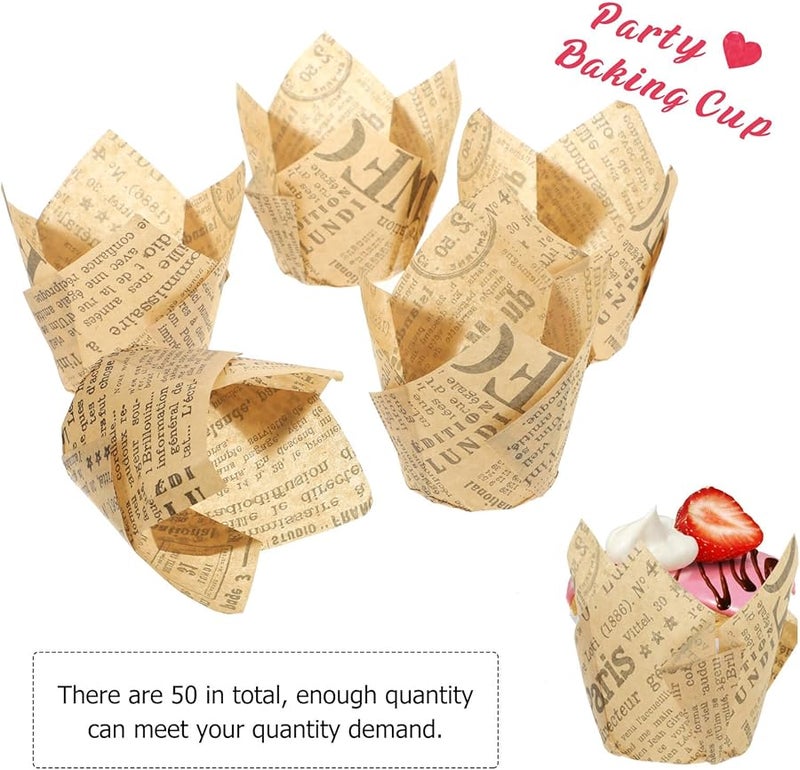Khaki Newspaper Print Muffin Liners Heat Resistant Greaseproof Baking Cups 50Pcs - Image 3
